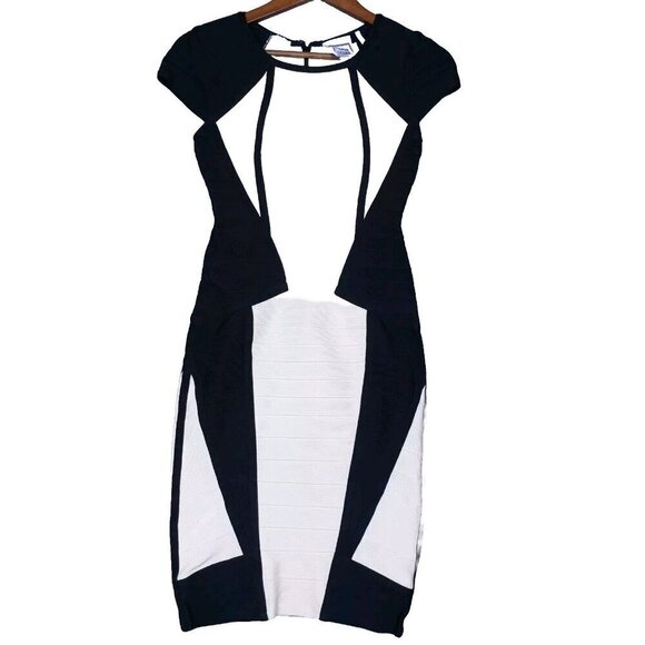 Herve Leger Akira Dress Women's XS Black White Colorblock Bandage Bodycon Fitted - Picture 1 of 10